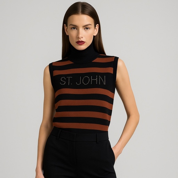 St John striped sweater mock neck sleeveless wool blend studs excellent Size M - Picture 1 of 9